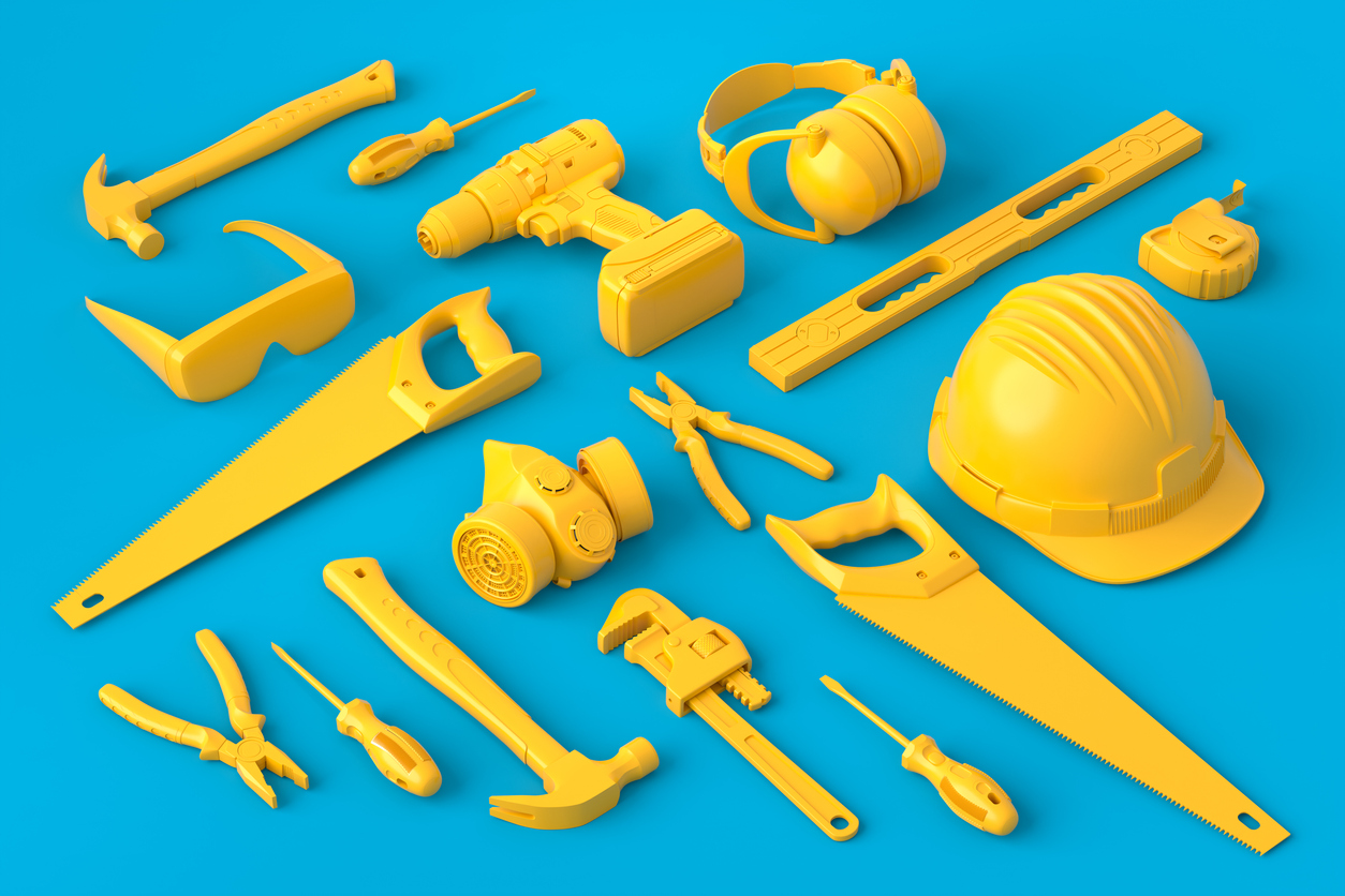 isometric image of solid yellow tools laid out neatly on a blue background. GGpoker reveals that deposit limits, time-outs, & game type blocks are the most popular responsible gambling tools online poker players use while on the site.