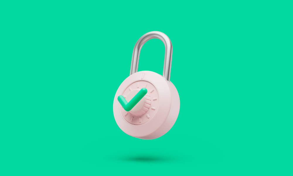 a 3d rendering of a closed white padlock with a green checkmark on it against a green background, to represent security and safety of playing on pokerstars online poker platform
